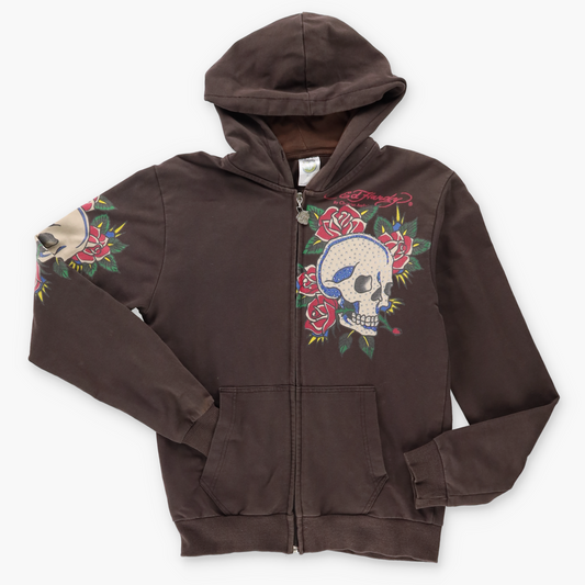 ED HARDY X CHRISTIAN AUDIGIER Y2K Bedazzled Skull Rose USA Made Jacket (XS)