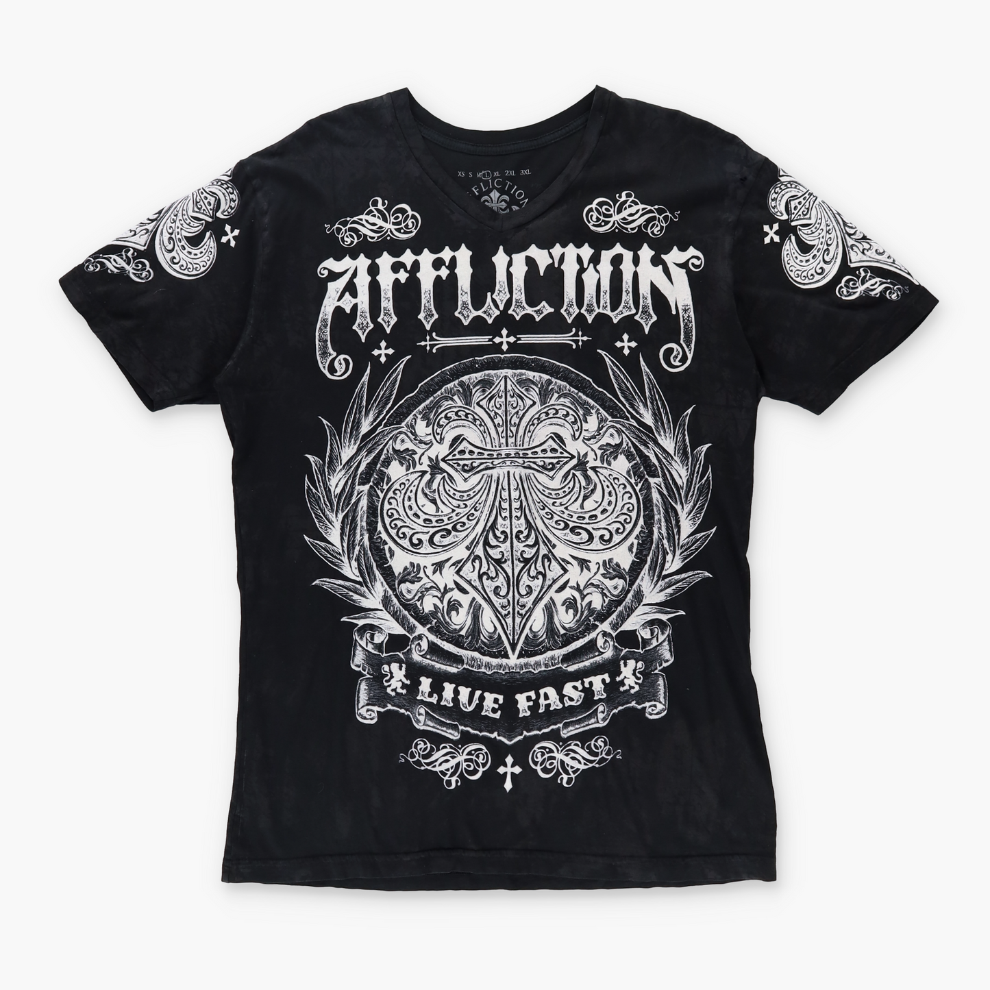 AFFLICTION Y2K Velvour Goth Cross Print USA Made Black & White Tee (L)