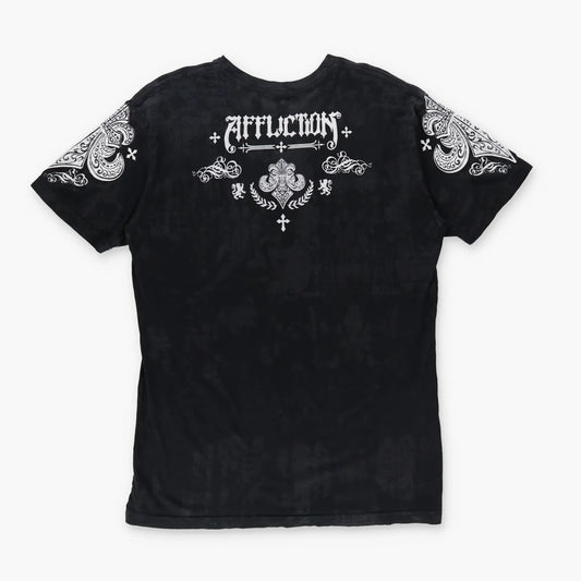AFFLICTION Y2K Velvour Goth Cross Print USA Made Black & White Tee (L) Vintage Sole Melbourne