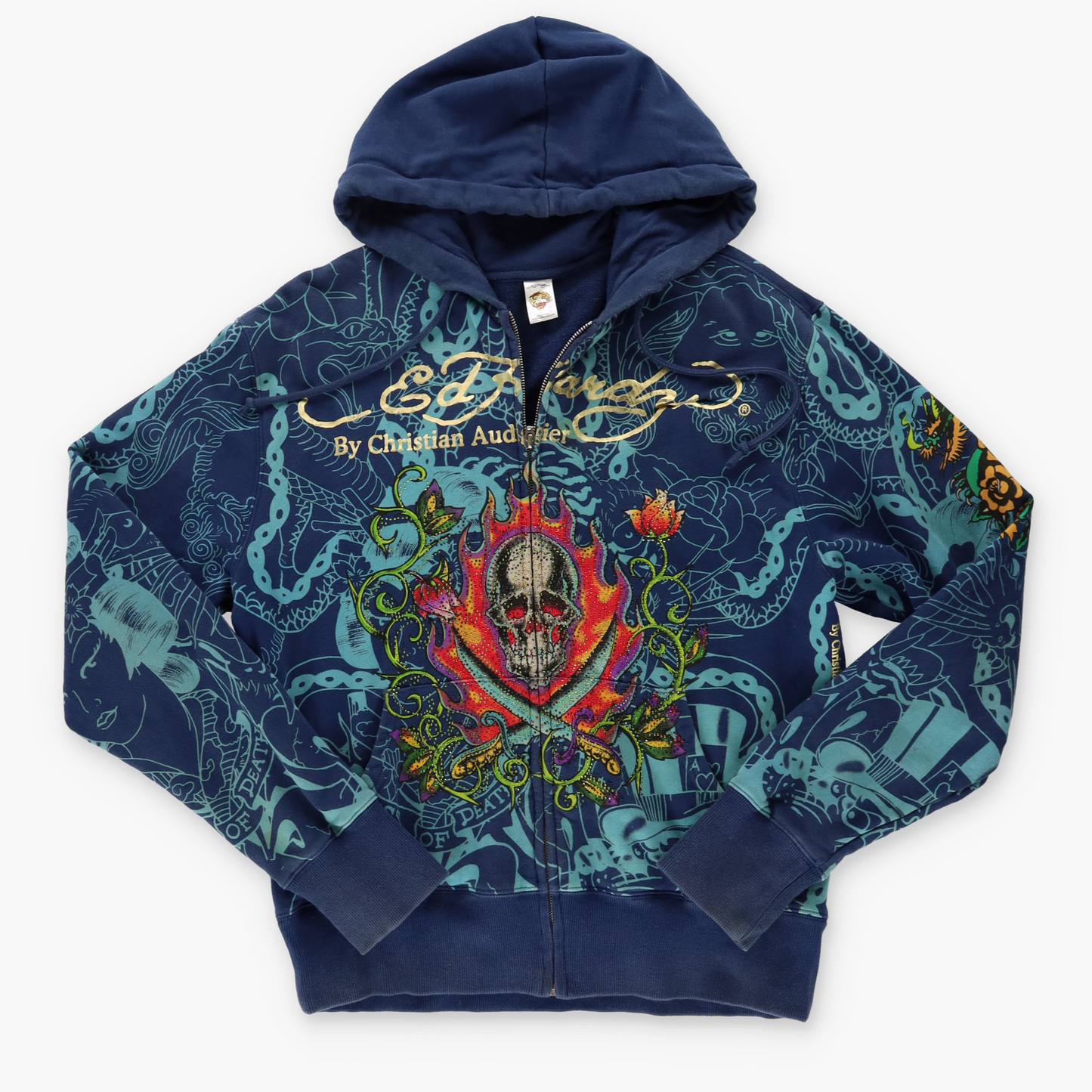 ED HARDY X CHRISTIAN AUDIGUIER Y2K Bedazzled Skull Flame Zip Up Hooded Jacket (M)
