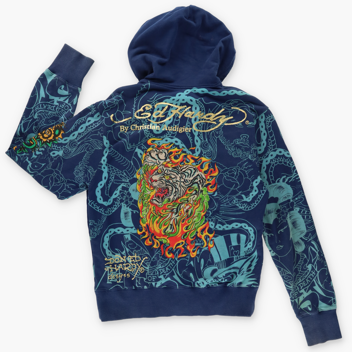 ED HARDY X CHRISTIAN AUDIGUIER Y2K Bedazzled Skull Flame Zip Up Hooded Jacket (M)