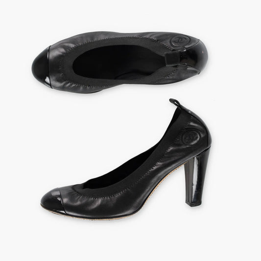 CHANEL 'Stretch Spirit' Black Leather Elastic Ballerina Heels (38.5) Vintage Sole Melbourne