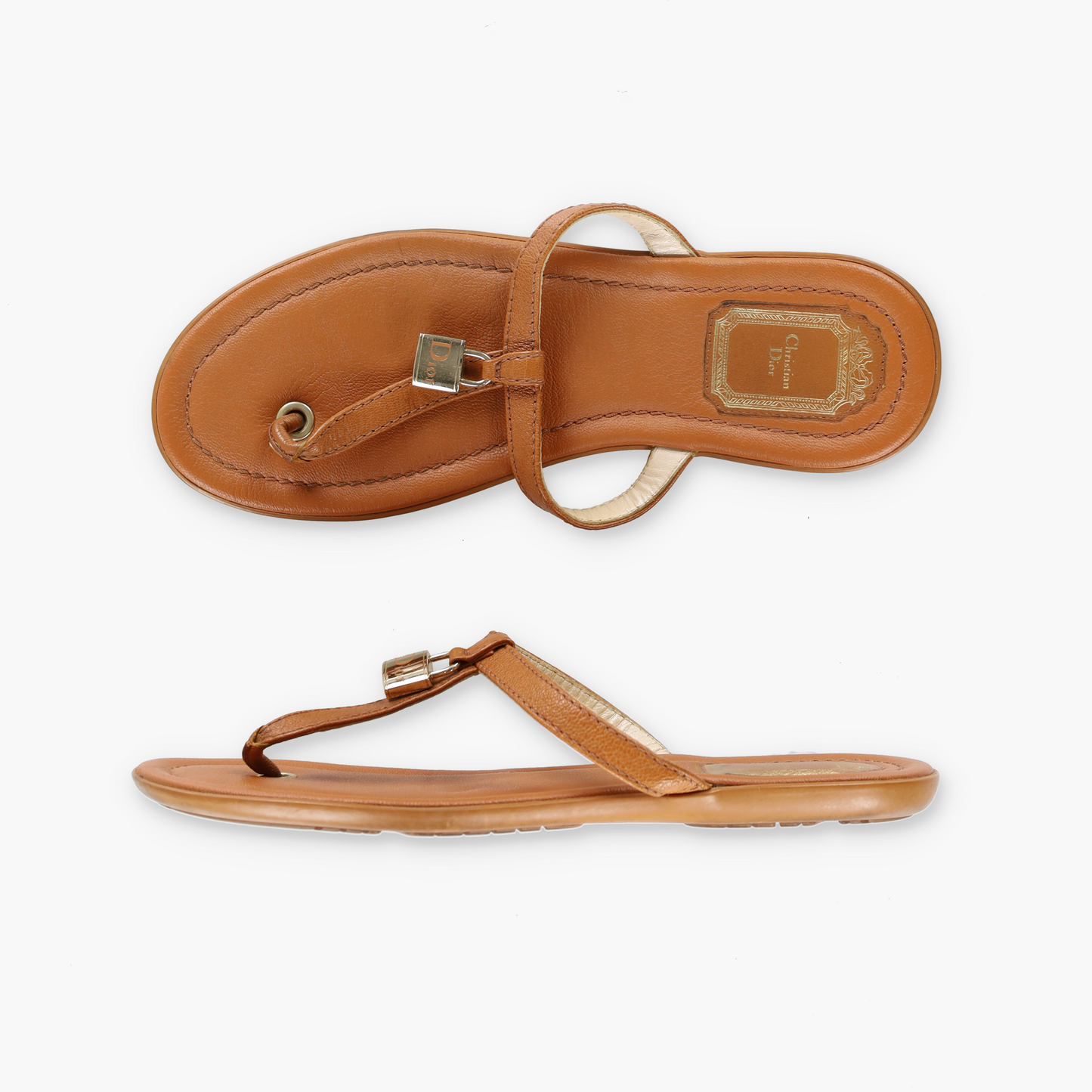 CHRISTIAN DIOR Lock Charm Leather Thongs Sandals (37)