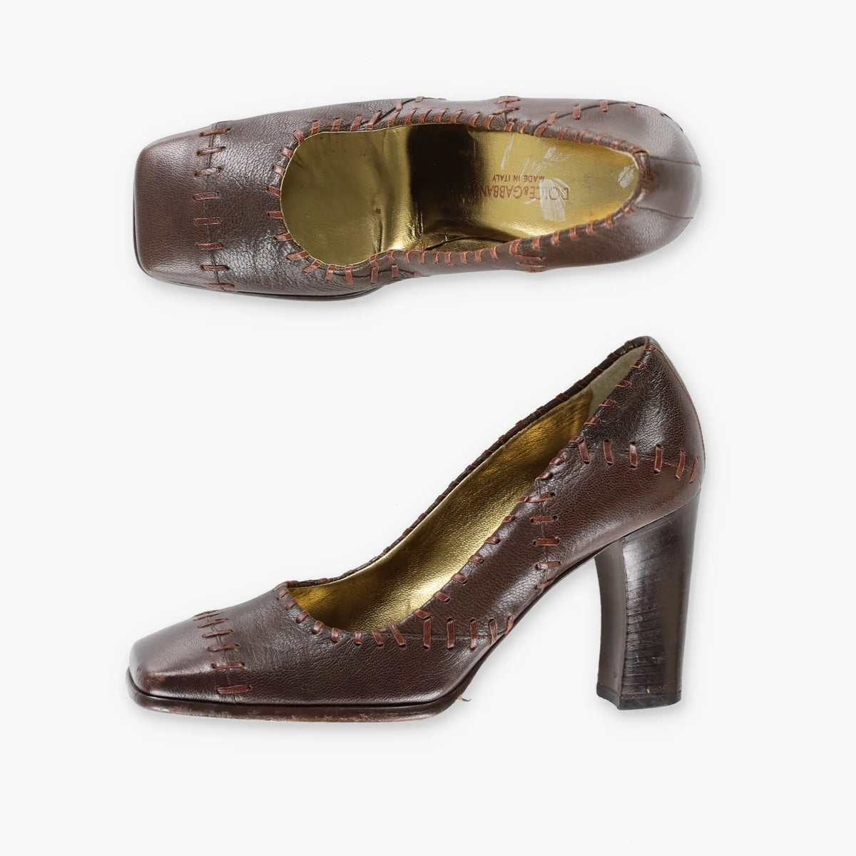 DOLCE & GABBANA 'Whipstitch' Brown Leather Heels (37) Vintage Sole Melbourne