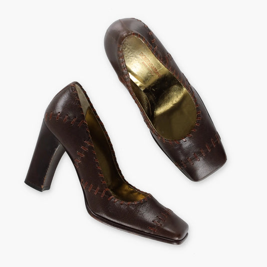DOLCE & GABBANA 'Whipstitch' Brown Leather Heels (37) Vintage Sole Melbourne