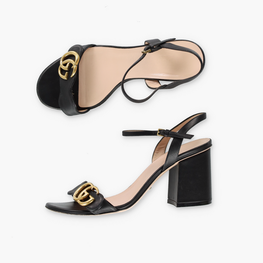 GUCCI GG Marmont Mid-Heel Black Leather Sandals (37)