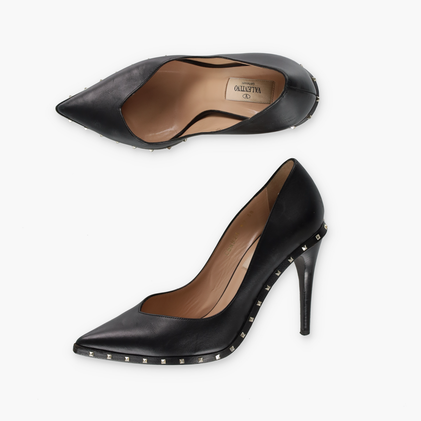 VALENTINO 'Rockstud' Black Leather Pointed Toe Heels (38)