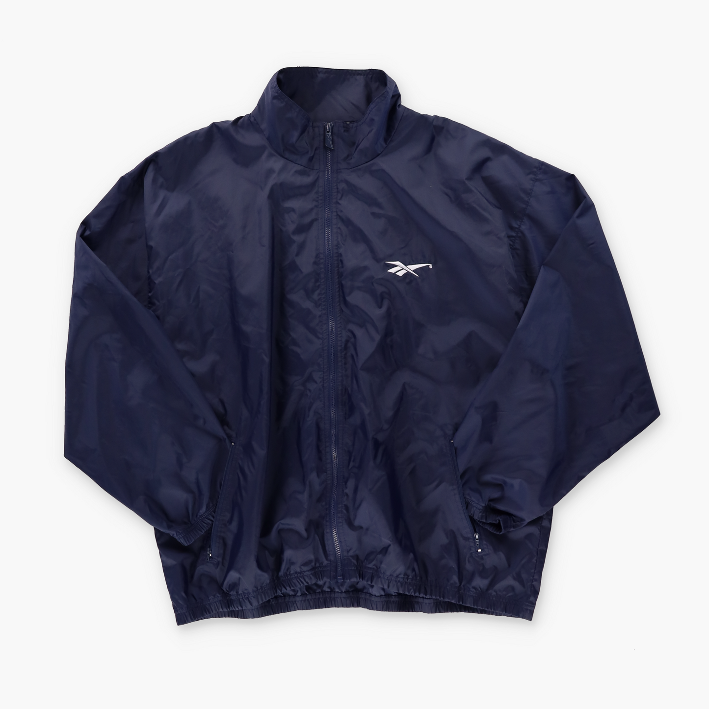 REEBOK Spell Out Embroidered Logo Navy Zip Up Windbreaker Jacket (XL)