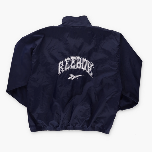 REEBOK Spell Out Embroidered Logo Navy Zip Up Windbreaker Jacket (XL)