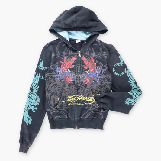 ED HARDY By Christian Audigier Y2K Embellished Zip Up Hoodie Sweatshirt (XS-S) - Vintage Sole Melbourne