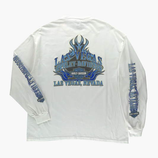 HARLEY DAVIDSON Las Vegas White & Blue Flame Logo Long Sleeve Tee (L-XL)