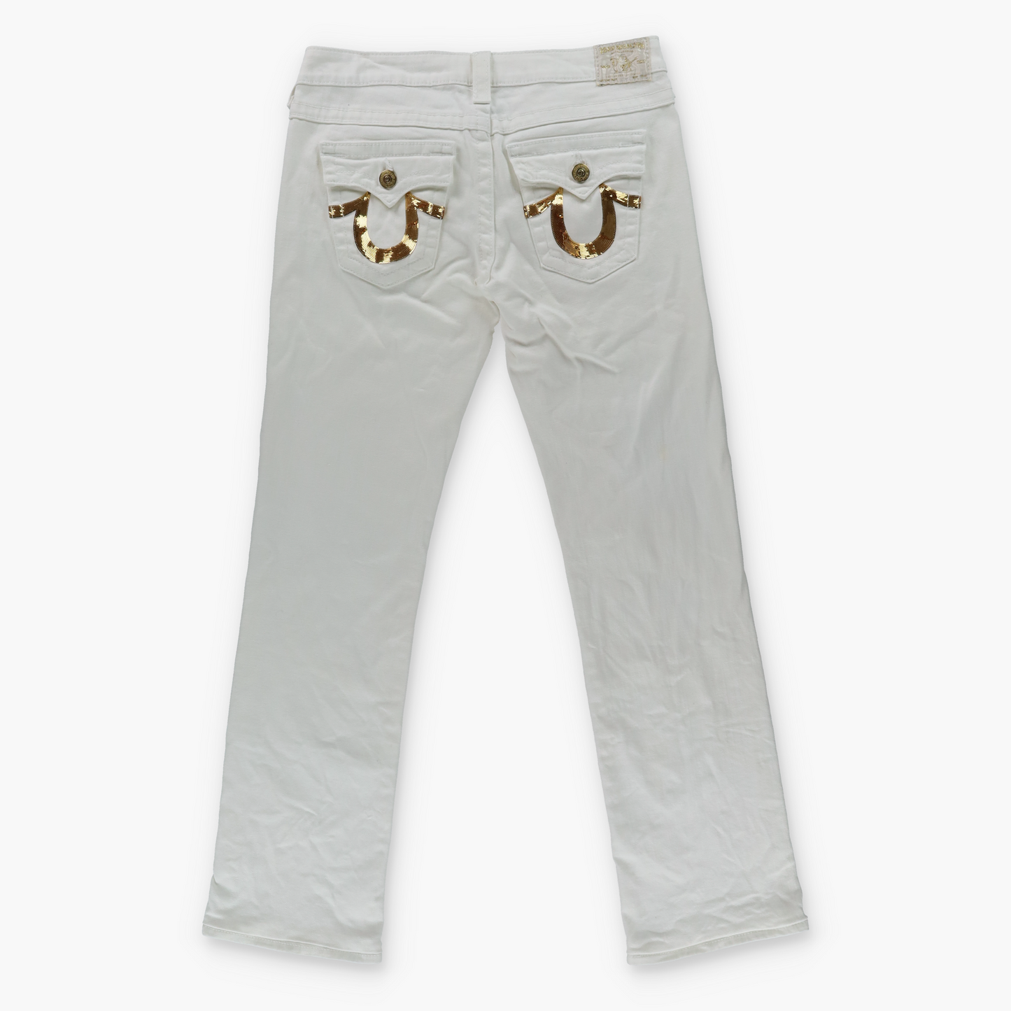 TRUE RELIGION Y2K Gold Sequin Logo USA Made White Jeans (31)