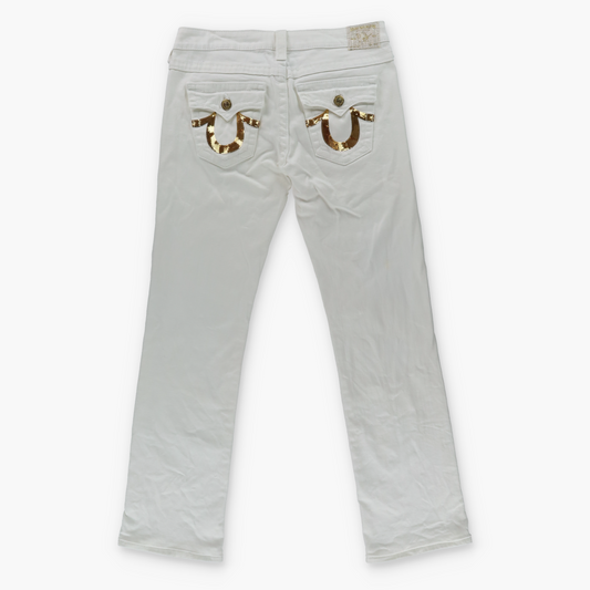 TRUE RELIGION Y2K Gold Sequin Logo USA Made White Jeans (31)