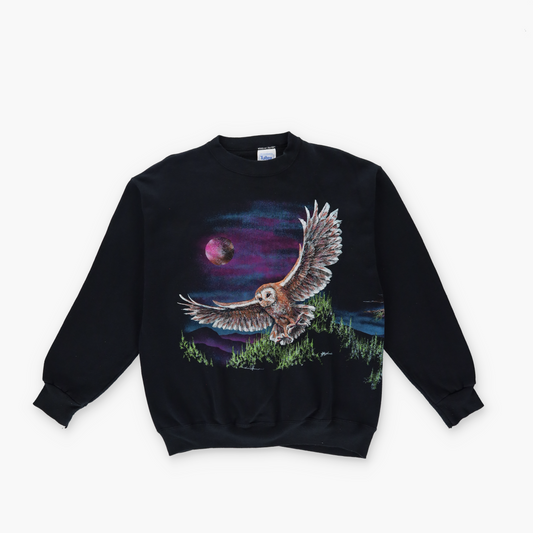 90s 'USA Made' 50/50 Double Sided Hardwood Owl Graphic Black Sweatshirt (S-M)