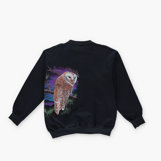 90s 'USA Made' 50/50 Double Sided Hardwood Owl Graphic Black Sweatshirt (S-M)