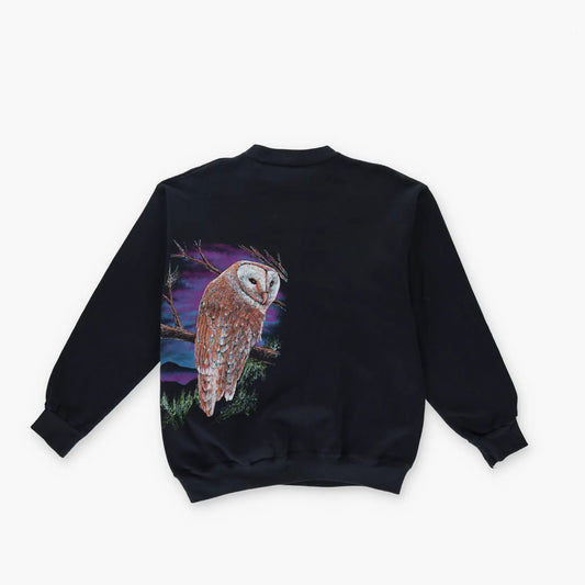 90s 'USA Made' 50/50 Double Sided Hardwood Owl Graphic Black Sweatshirt (S-M) - Vintage Sole Melbourne