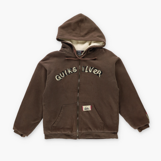 QUIKSILVER Spell-Out Logo Fleece Lined Brown Zip-Up Hooded Sweatshirt (S)