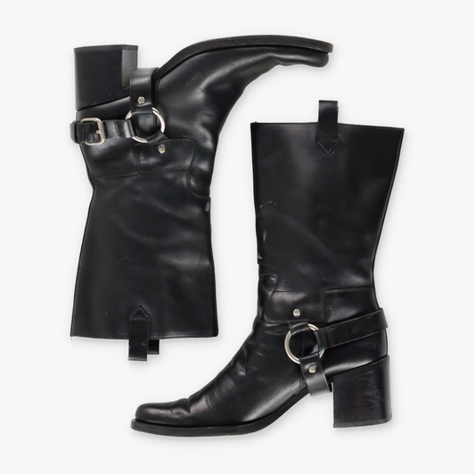 MIU MIU Black Heeled Harness Italy Made Motorcycle Boots (38)