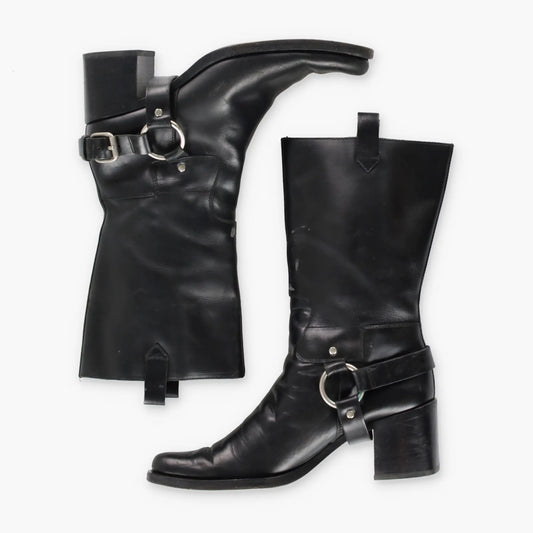 MIU MIU Black Heeled Harness Italy Made Motorcycle Boots (38) - Vintage Sole Melbourne