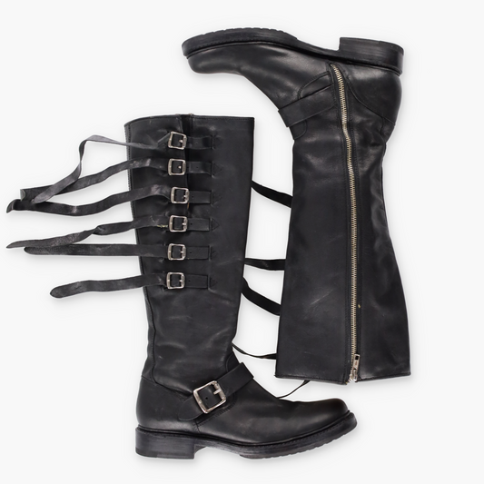 FRYE 'Veronica' Strap Tall Zip Up Black Buckle Boots (8)