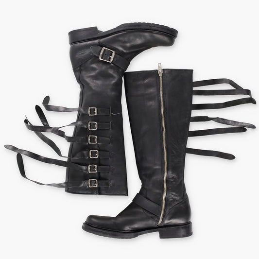 FRYE 'Veronica' Fringe Strap Tall Zip Up Black Buckle Boots (8) - Vintage Sole Melbourne