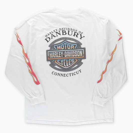 HARLEY DAVIDSON Connecticut Orange Flames Long Sleeve White Front Pocket T-Shirt USA Made (XL)
