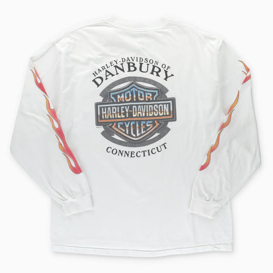 HARLEY DAVIDSON Connecticut Orange Flames Long Sleeve White Front Pocket T-Shirt USA Made (XL) - Vintage Sole Melbourne