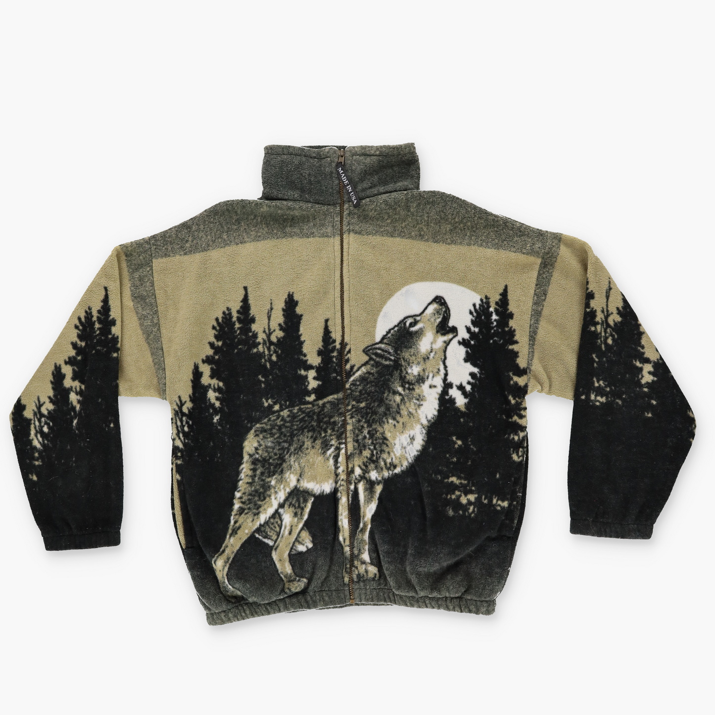 'USA Made' Howling Wolf Double Sided Graphic Zip-Up Fleece Jacket (L-XL)