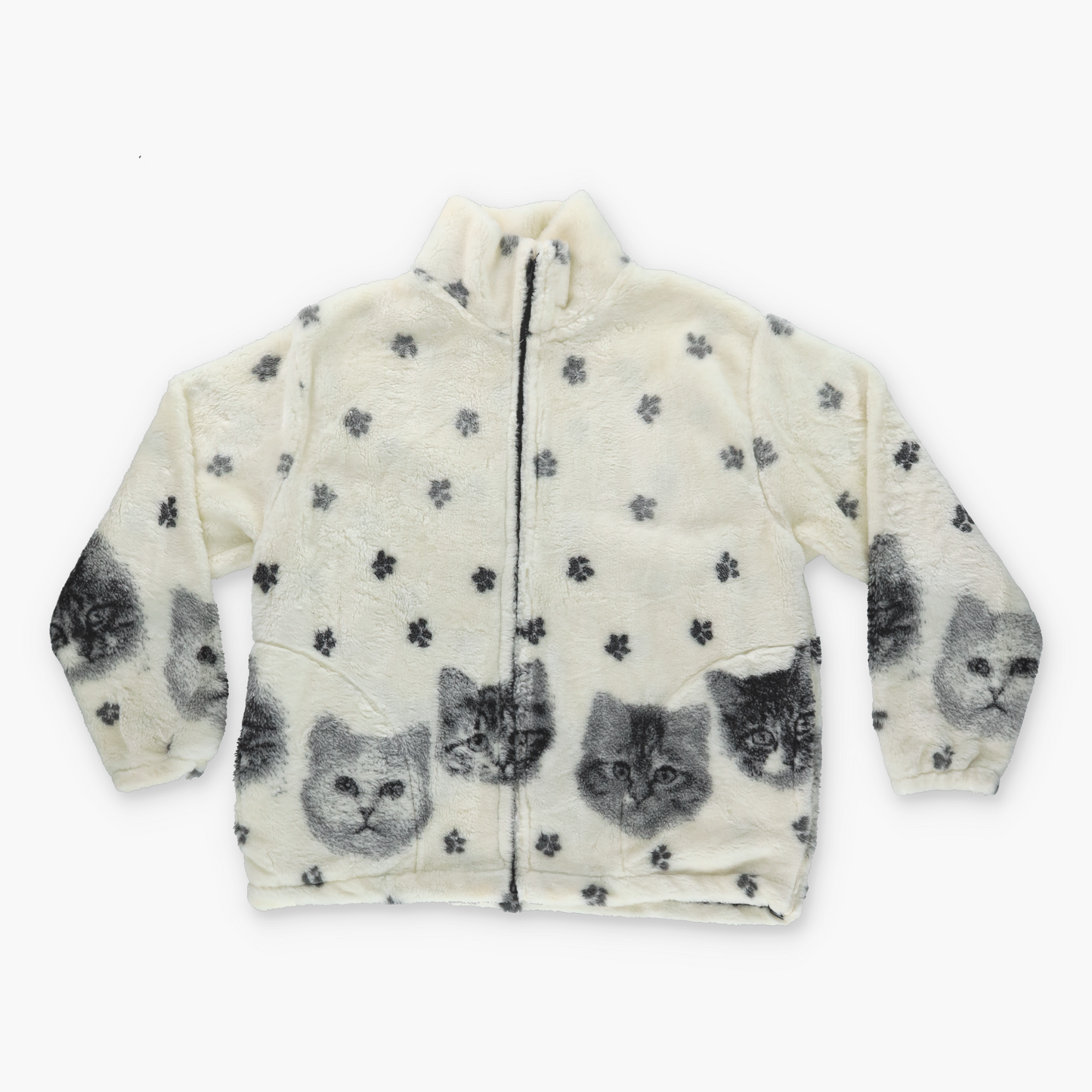 BLACK MOUNTAIN 'USA Made' Cat Paw Print All Over Graphic White Zip-Up Fleece (L)