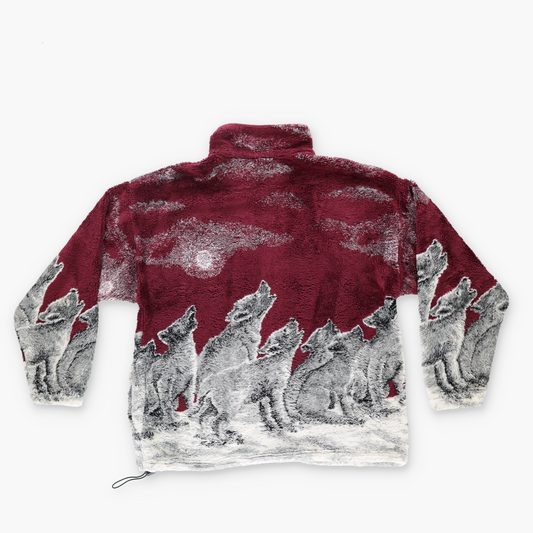 MAZMANIA 'USA Made' Maroon Howling Wolf All Over Graphic Zip-Up Fleece Jacket (M)