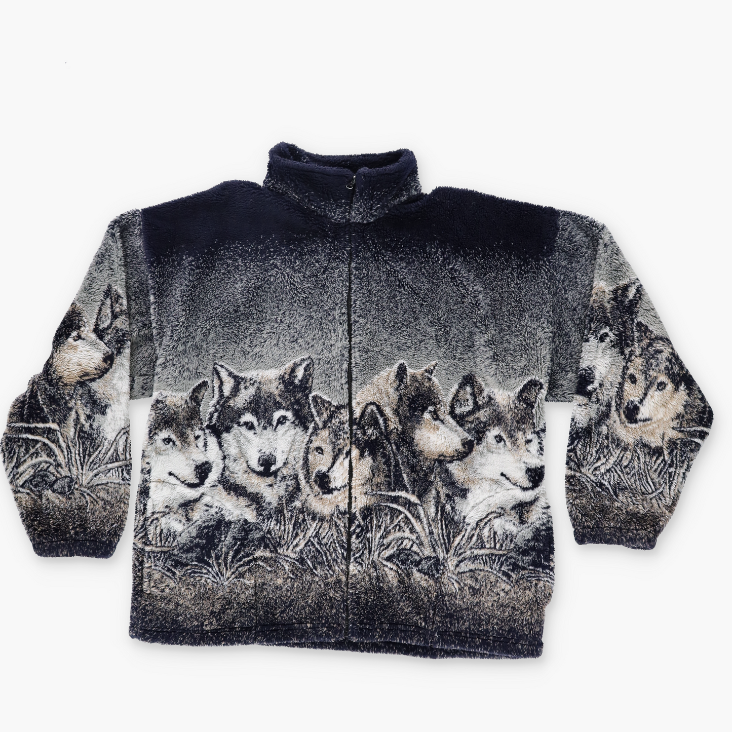 COBBLESTONE CANYON 'USA Made' All Over Wolves Graphic Zip-Up Fleece Jacket (XL)