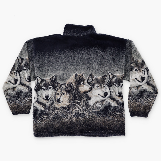 COBBLESTONE CANYON 'USA Made' All Over Wolves Graphic Zip-Up Fleece Jacket (XL)