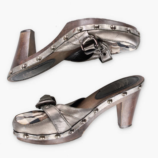 BURBERRY Metallic Buckle Plaid Italy Made Wooden Clog Heels (38)