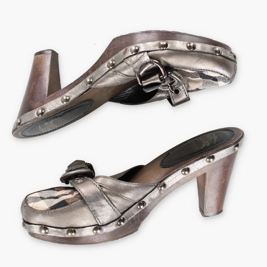 BURBERRY Metallic Buckle Plaid Italy Made Wooden Clog Heels (38) Vintage Sole Melbourne