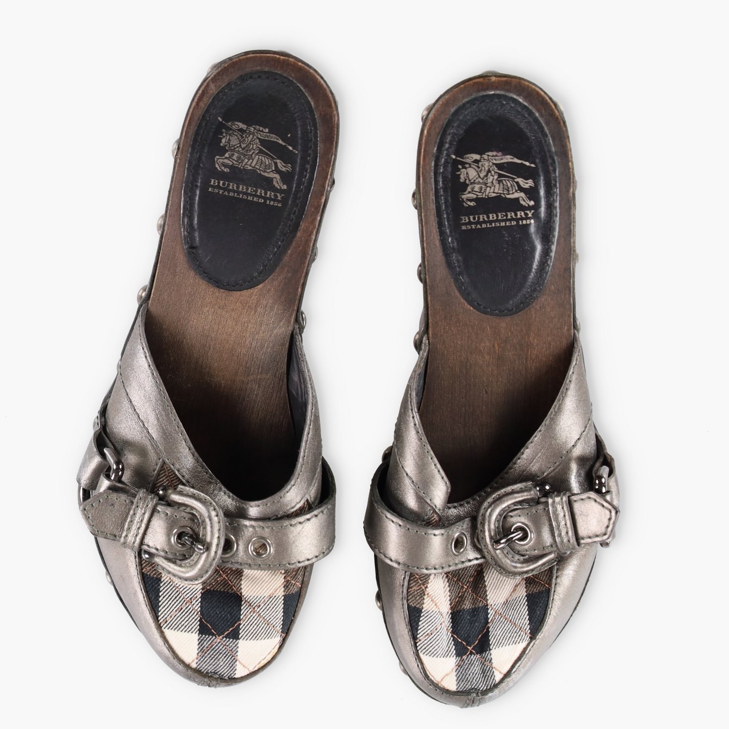 BURBERRY Metallic Buckle Plaid Italy Made Wooden Clog Heels (38)