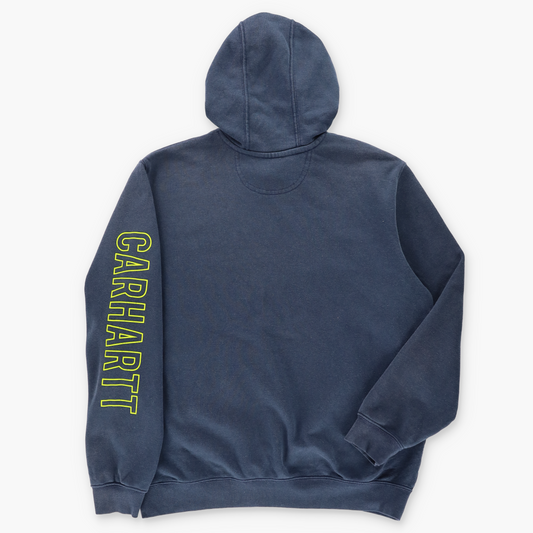 CARHARTT 'Original Fit' Blue & Neon Green Spell Out Graphic Hoodie Sweatshirt (L-XL)