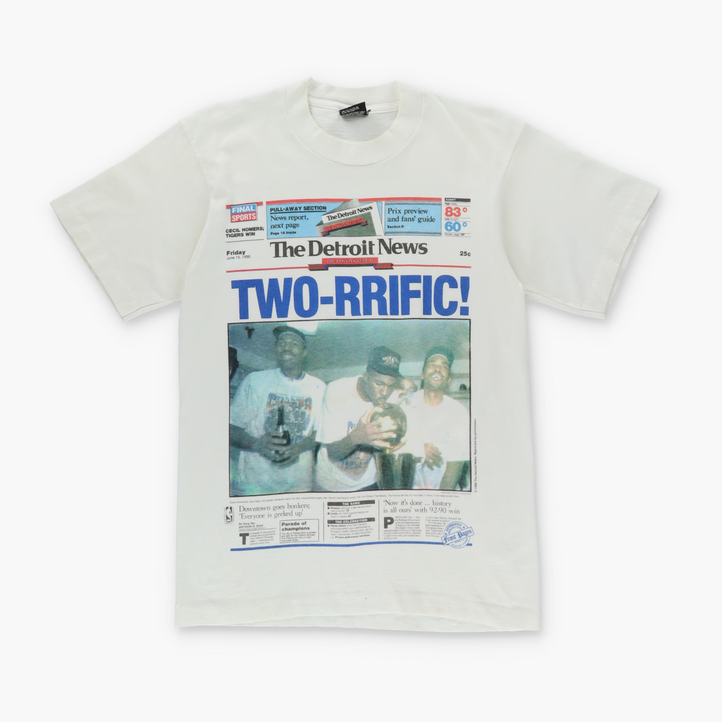 1990 DETROIT PISTONS NBA Newspaper 50/50 USA Made White T-Shirt (S)