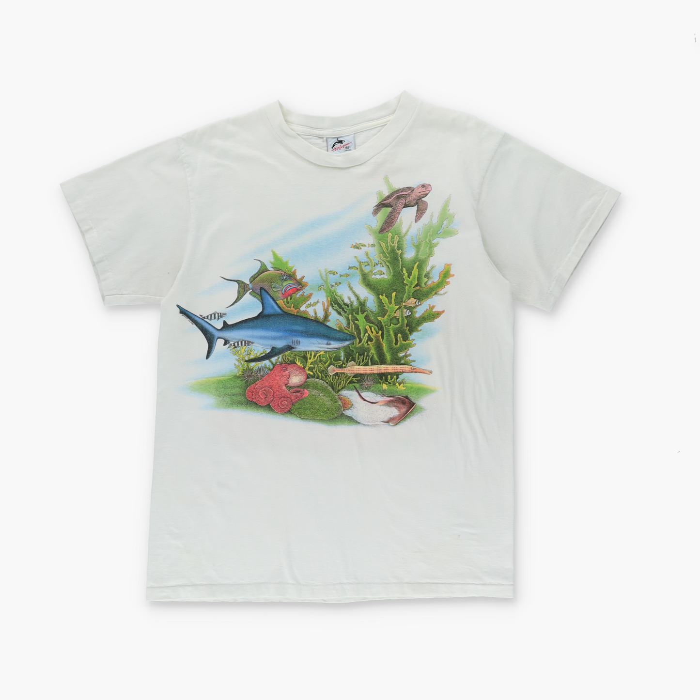 1988 HARLEQUIN Ocean Life USA Made Single Stitch Double Sided White Tee (M-L)