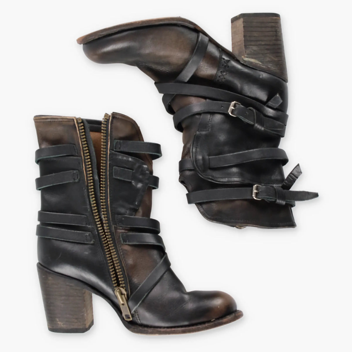 Vintage FREEBIRD WESTERN Buckle Whipstitch Zip Leather Brown Heeled Boots (8)