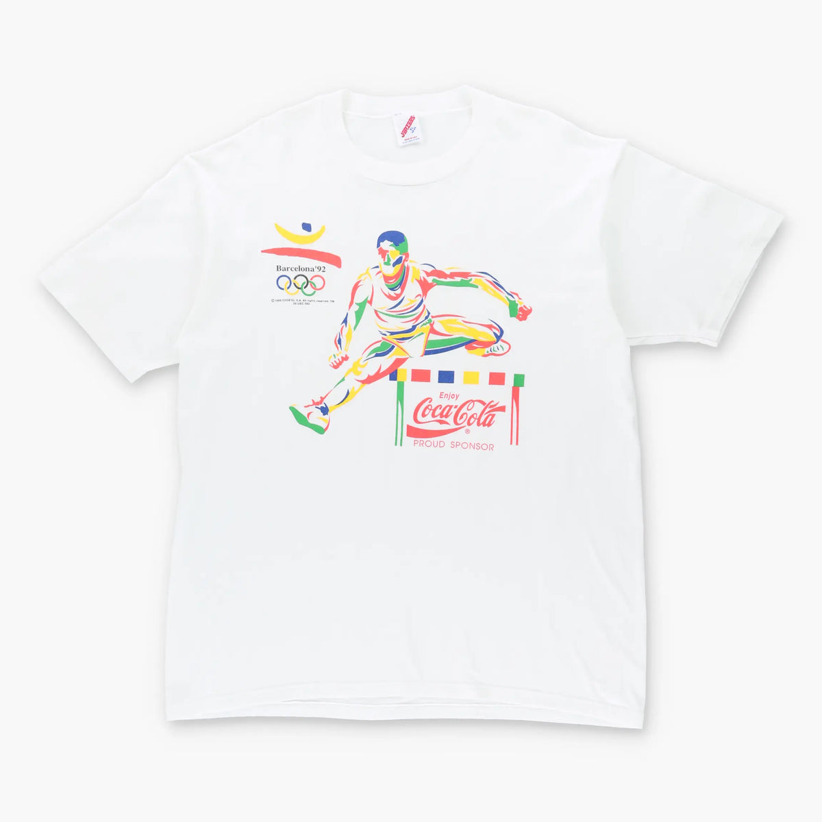 Vintage 1989 OLYMPIC Barcelona Hurdle Coca Cola USA Made White T-Shirt (XL)
