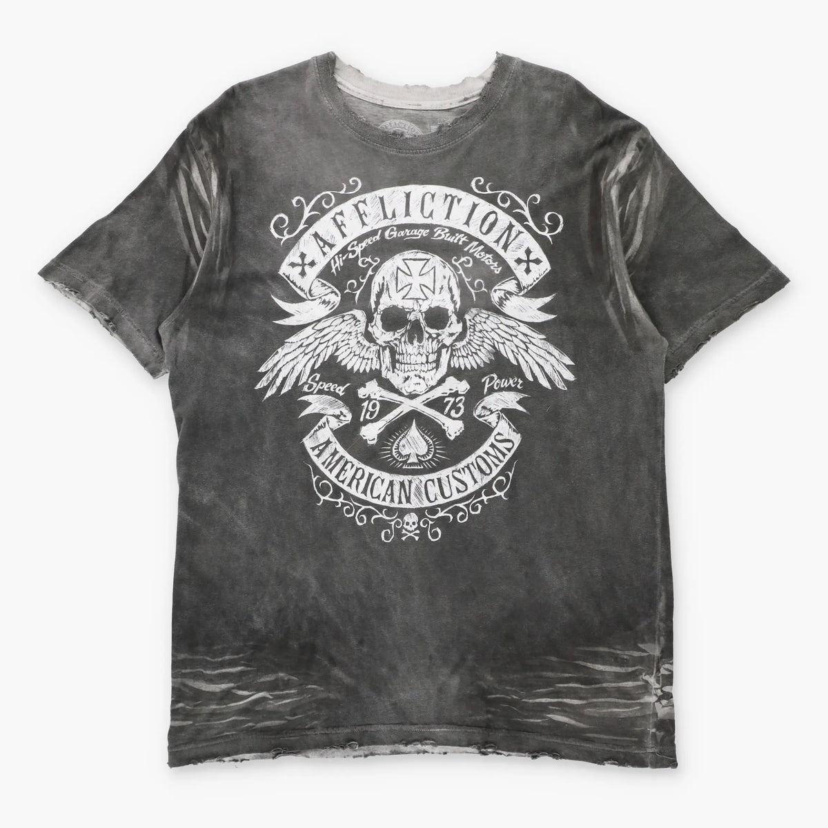 Vintage AFFLICTION American Customs "Hi-Speed Garage Built Motors" Grey USA Made Y2K Tee (L)