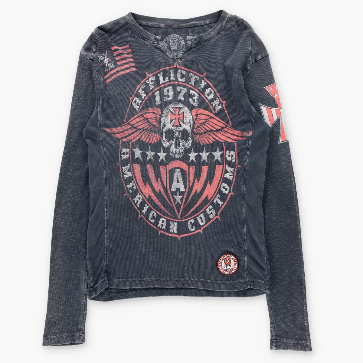 Vintage AFFLICTION American Customs Winged Skull Logo Patch USA Made Y2K Long Sleeve Tee (S-M)