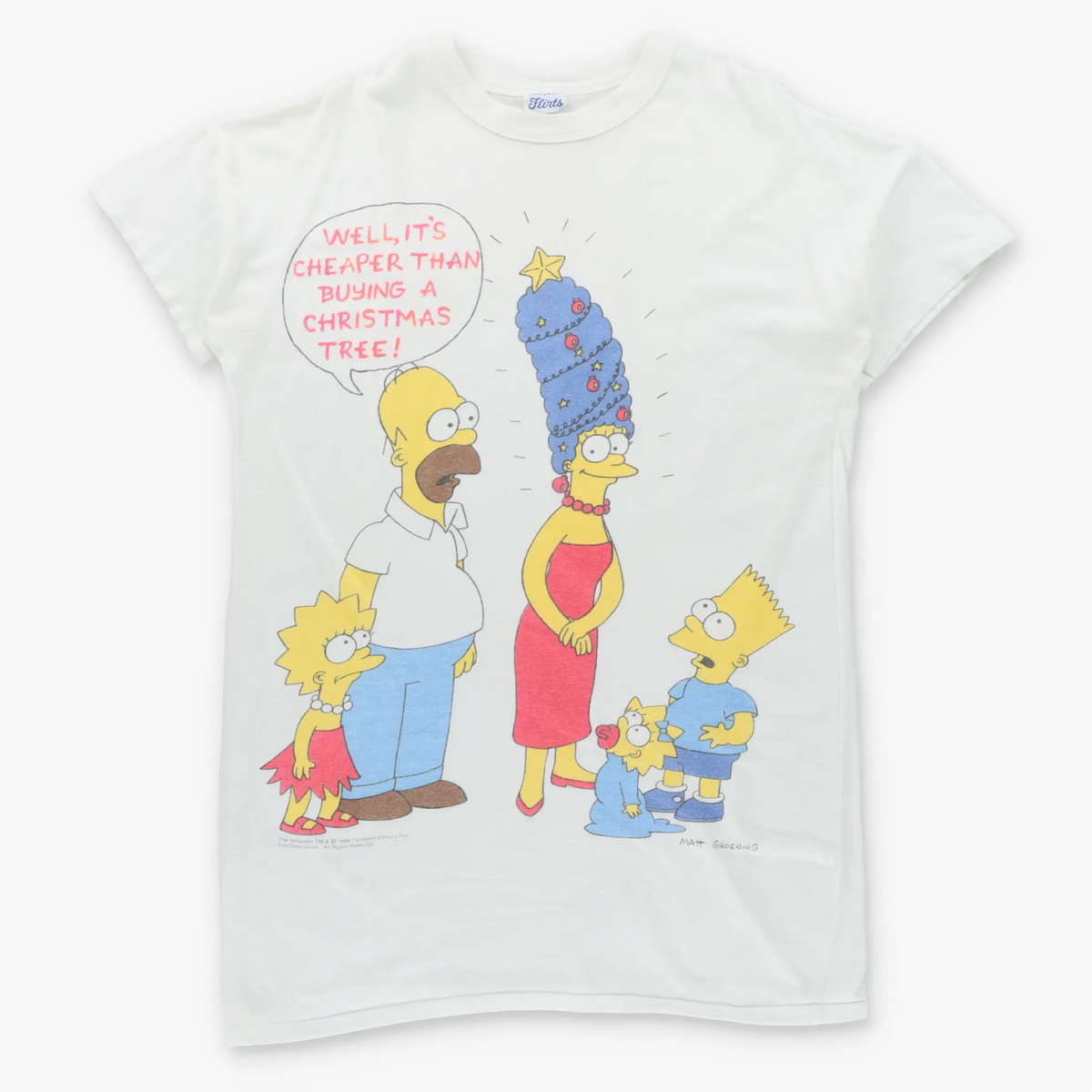 Vintage 1990 THE SIMPSONS Christmas Tree Marge White Single Stitch T-Shirt (XL TALL)
