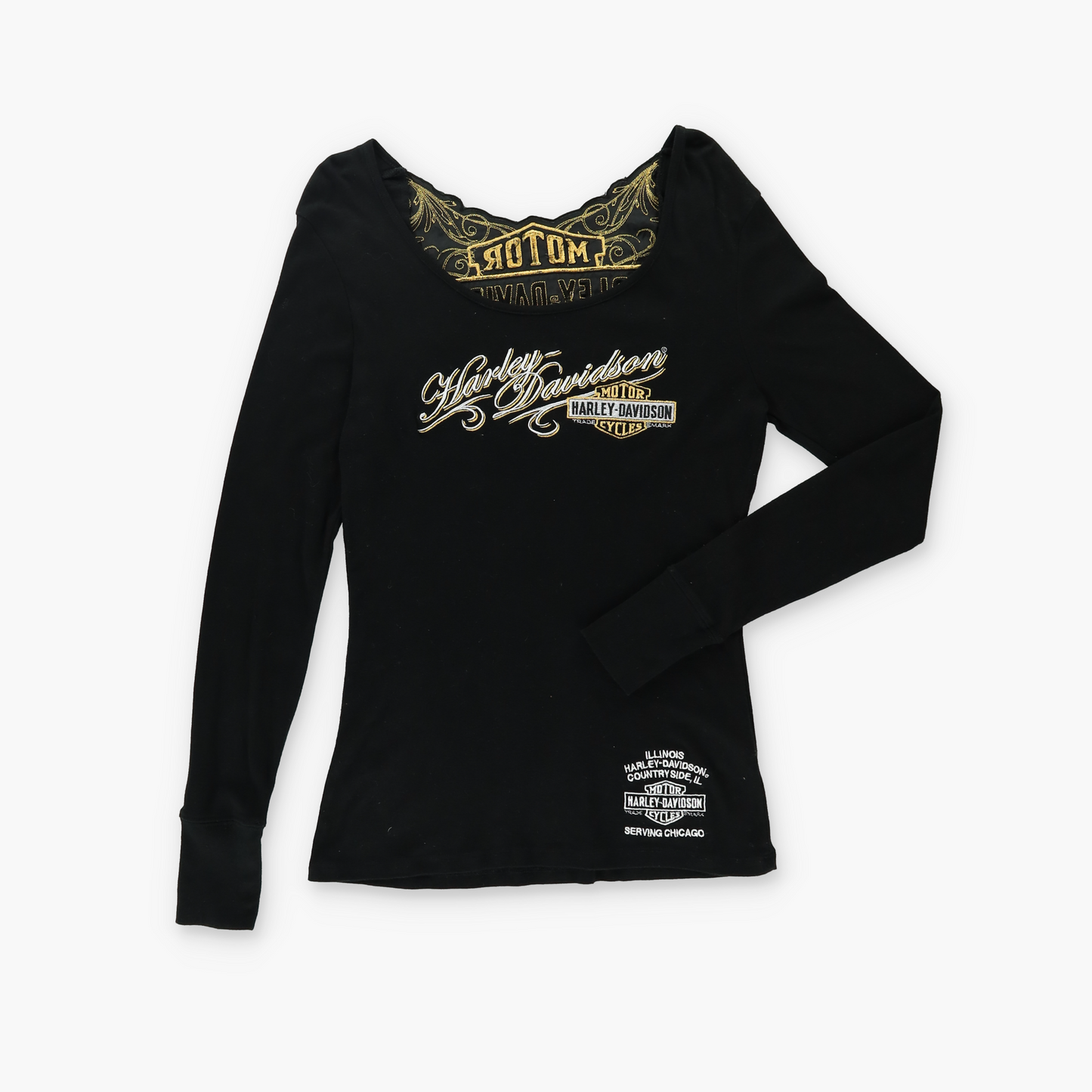 HARLEY DAVIDSON Black & Gold Embroidered Open-Back Long Sleeve Tee (M-L)