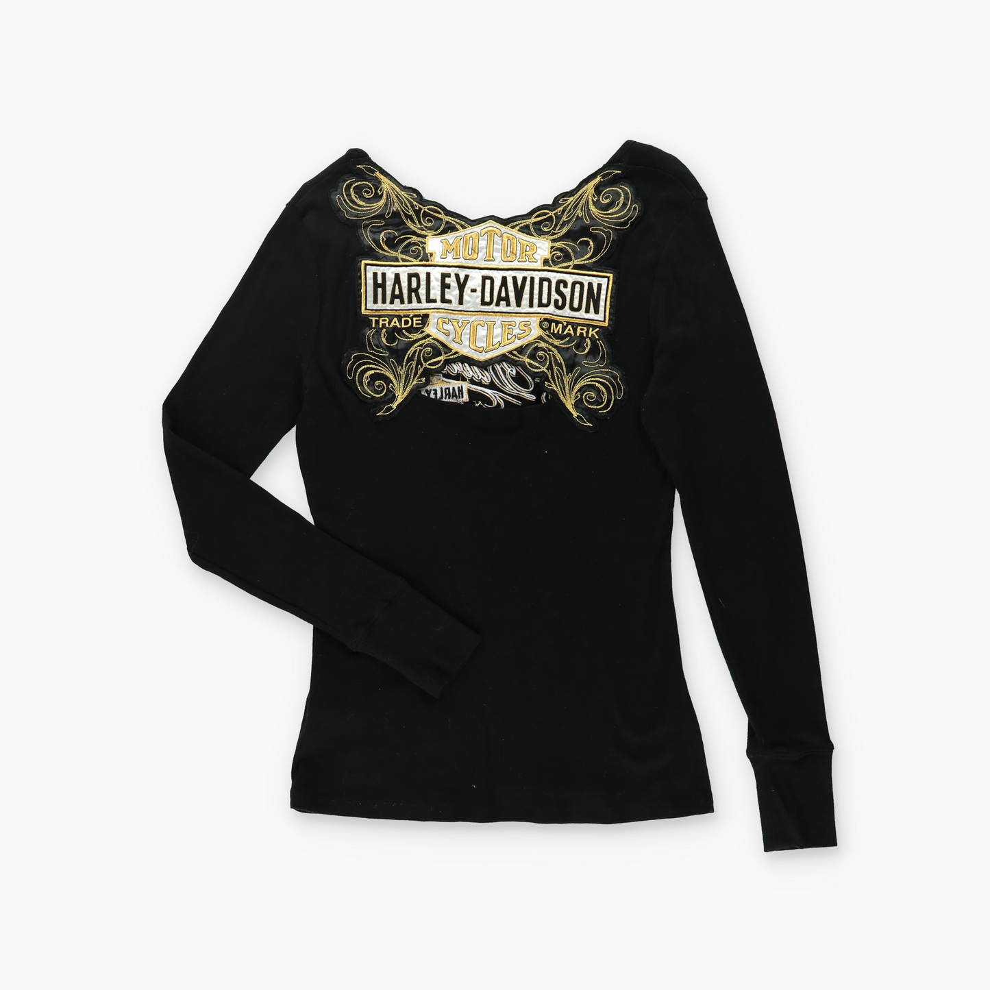HARLEY DAVIDSON Black & Gold Embroidered Open-Back Long Sleeve Tee (M-L)