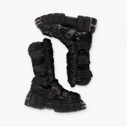NEW ROCK 'Metallic' 189 Black Leather Boots (36)