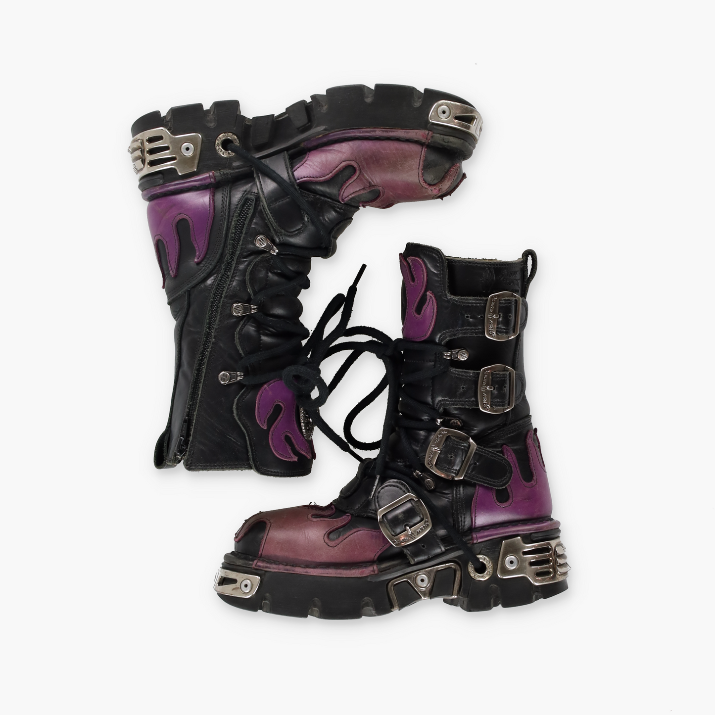 NEW ROCK 'Reactor' Purple Flame Black Leather Boots (36)