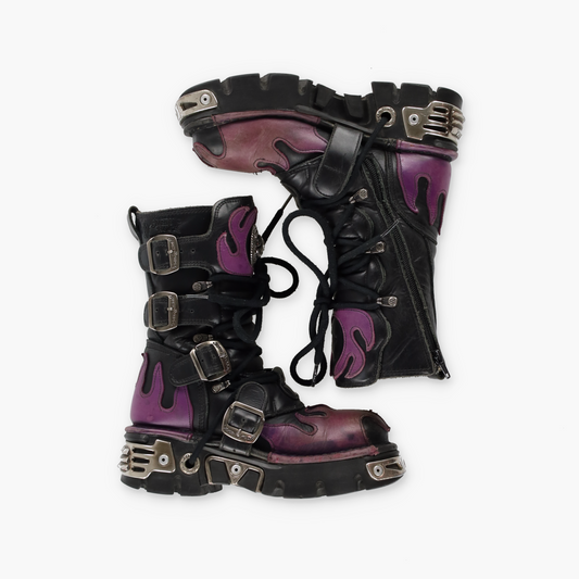 NEW ROCK 'Reactor' Purple Flame Black Leather Boots (36)
