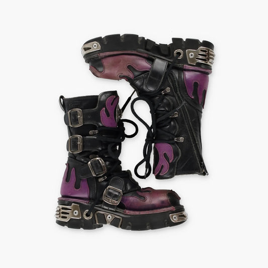 NEW ROCK 'Reactor' Purple Flame Black Leather Boots (36) Vintage Sole Melbourne