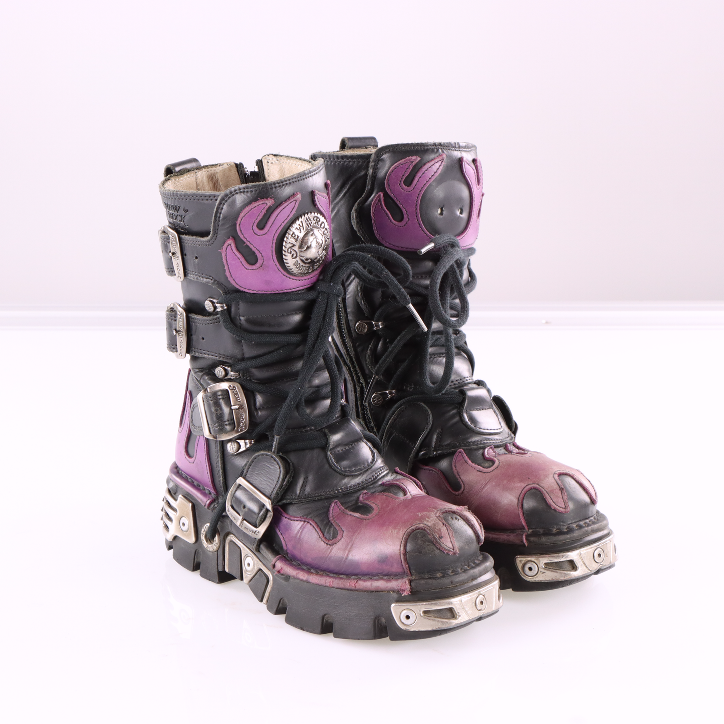 NEW ROCK 'Reactor' Purple Flame Black Leather Boots (36)